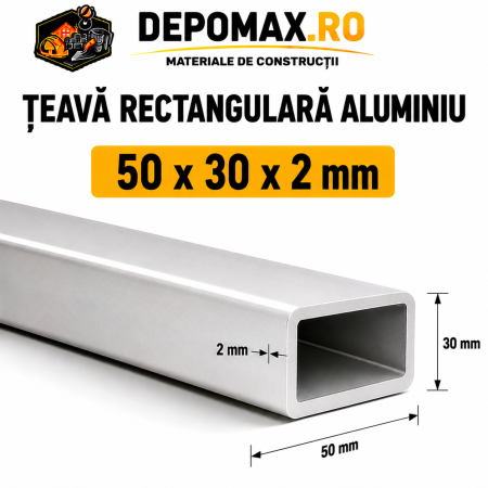 Teava rectangulara aluminiu 50 x 30 x 2 mm, 6 metri (EN AW-6060)